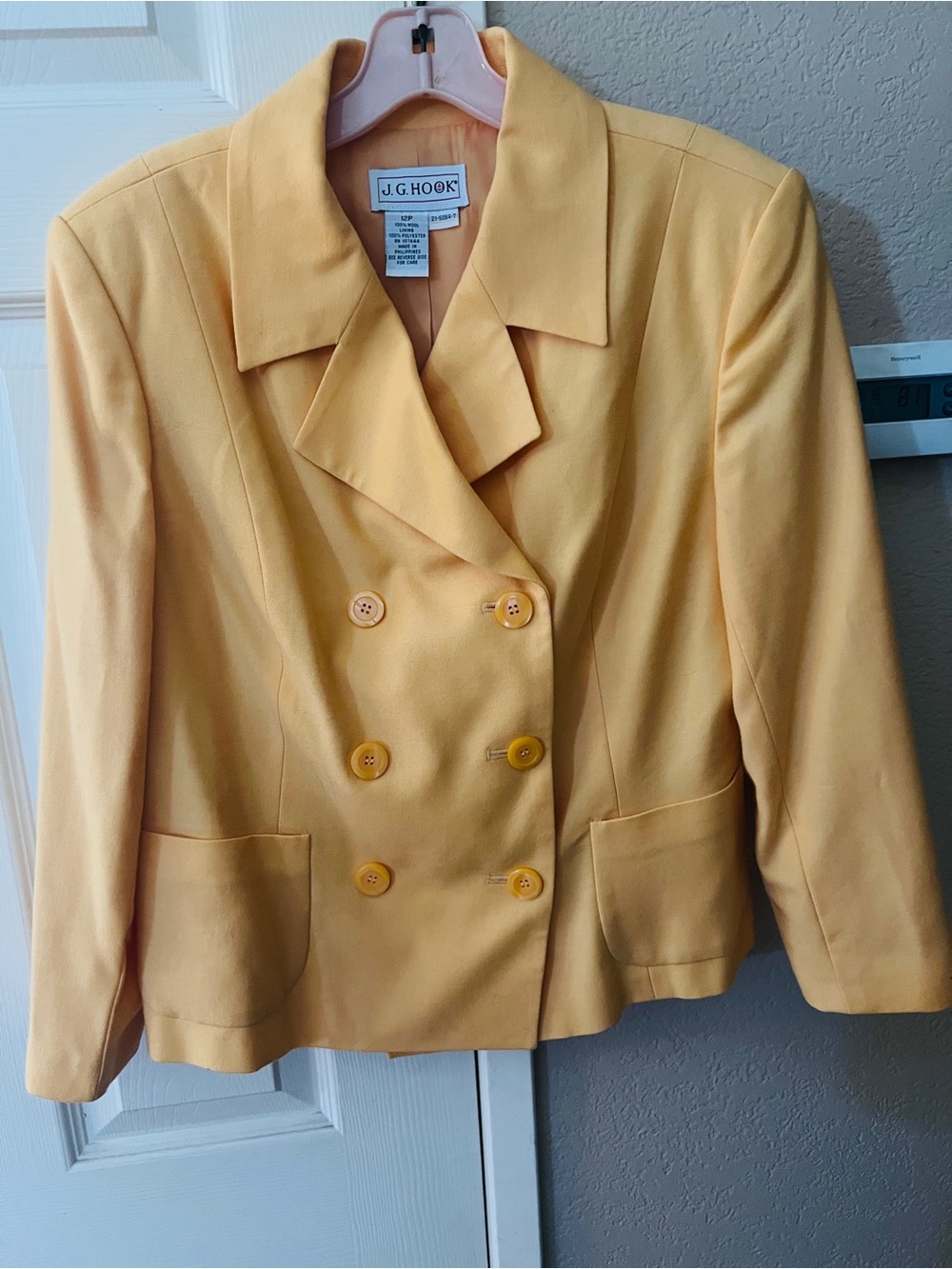 vintage J.G. Hook pastel yellow double-breasted blazer featuring matching tonal